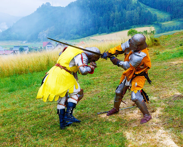 combattere i cavalieri sul prato verde in costumi storici
 - Foto, immagini
