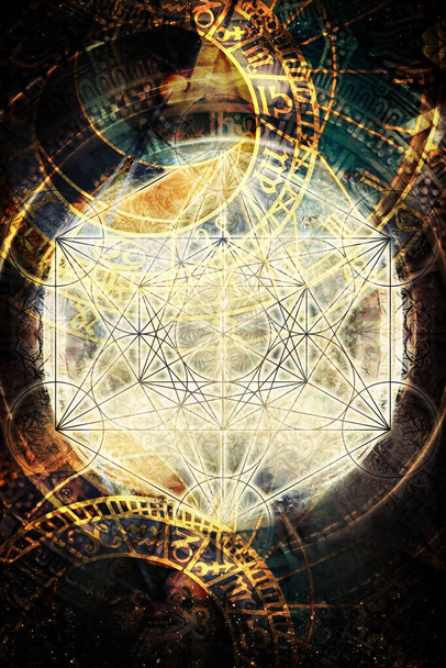 Light merkaba and zodiac in cosmic space. Sacred geometry - Photo, Image