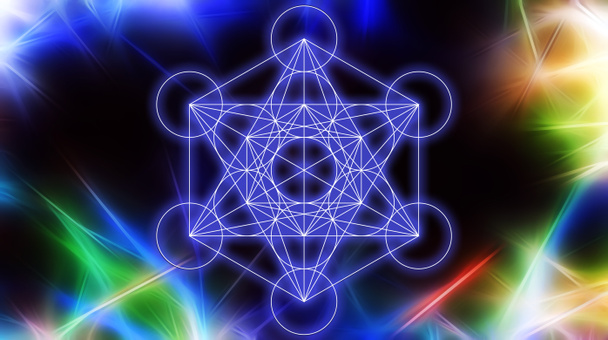 Light merkaba on abstract color background and fractal structure. Sacred geometry - Photo, Image