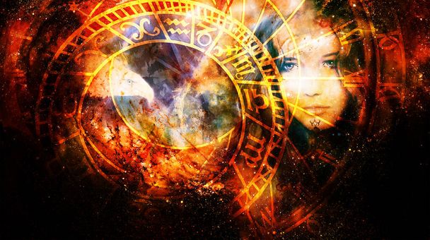 Bogini Kobieta i orzeł i zodiak w przestrzeni kosmicznej - Zdjęcie, obraz