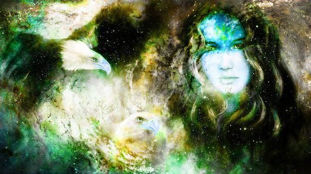 Goddess Woman and eagles in Cosmic space - Photo, Image