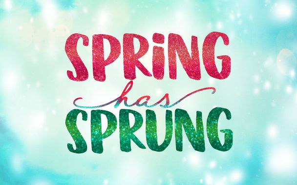 Spring has sprung lettering with blue sky background and sunlight and boke - Photo, Image