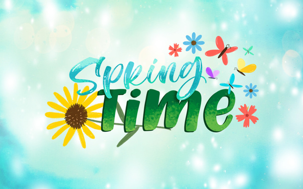 Spring time lettering with blue sky background and sunlight and boke - Photo, Image