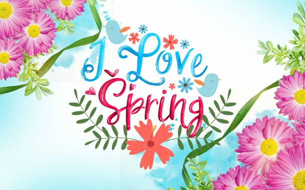 Me encanta el cartel de primavera con hermosas flores de gerberas rosadas festivas y letras
 - Foto, Imagen