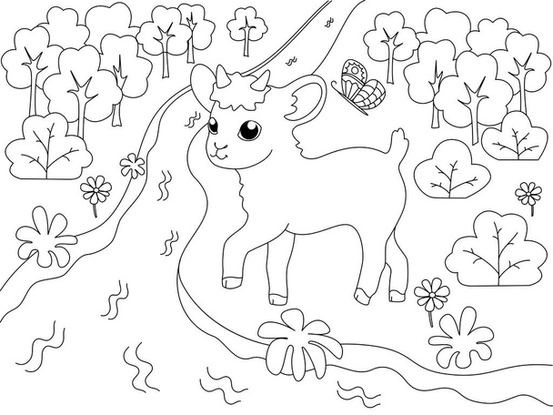 Crianças livro de colorir, animal de fazenda. Cabra na margem do rio, prado. Desenhos animados Raster
 - Foto, Imagem