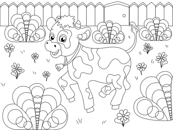 Crianças coloração, animal de fazenda. O bezerro joga na clareira. Desenhos animados Raster
 - Foto, Imagem