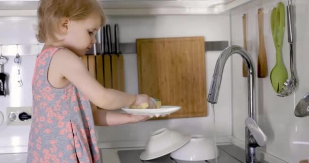 κοριτσάκι πλύσιμο πιάτων με σφουγγάρι στο νεροχύτη της κουζίνας στο σπίτι - Πλάνα, βίντεο
