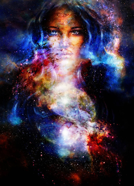 Tanrıça kadın ve sembol Yin Yang kozmik uzayda - Fotoğraf, Görsel