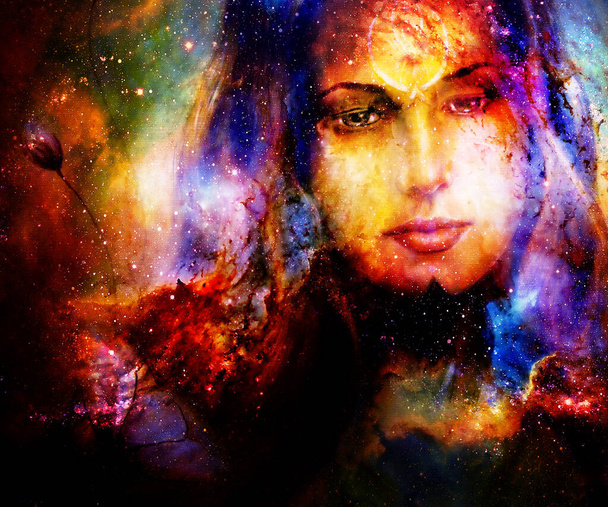 Kozmik uzayda Tanrıça Kadın. Kozmik Alan arkaplanı - Fotoğraf, Görsel