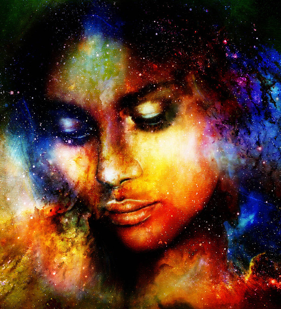 Istennő nő a kozmikus térben. Kozmikus tér háttér - Fotó, kép