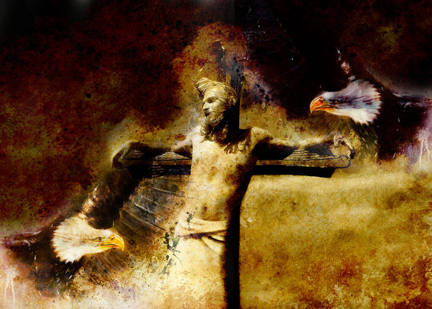 interpretation of Jesus on the cross and eagles, graphic painting version. Sepia effect - Photo, Image