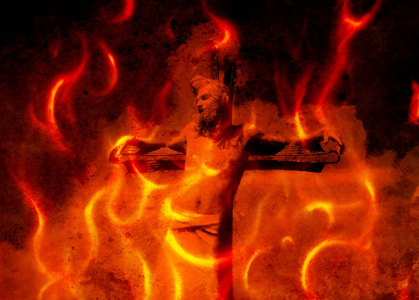İsa 'nın çarmıha gerilmiş hali, grafik boyama versiyonu. Ateş etkisi - Fotoğraf, Görsel