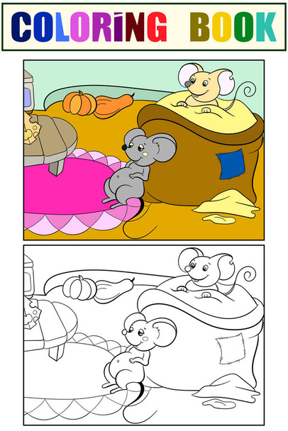 Σύνολο, τα παιδιά χρωματισμός βιβλίο και έγχρωμη εικόνα. Τα ποντίκια έχουν φάει και αναπαύονται σε μια ντουλάπα.. - Φωτογραφία, εικόνα