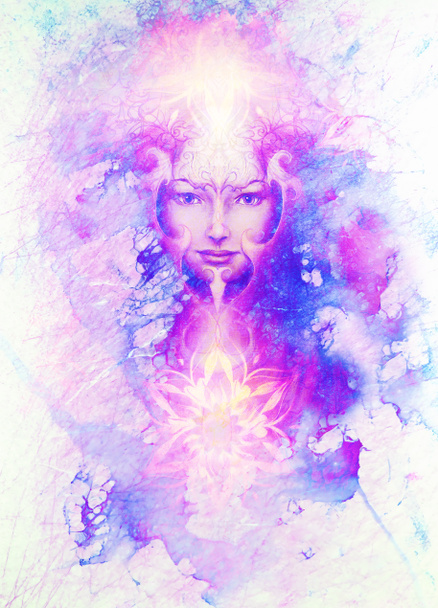 Богиня Женщина и восточные декоративные мандала и цвет абстрактного фона с пятнами, копировать пространство - Фото, изображение