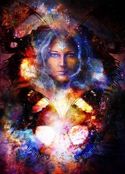 Jumalatar Nainen ja perhonen kosmisessa avaruudessa. Kosminen avaruustausta. katsekontakti
 - Valokuva, kuva