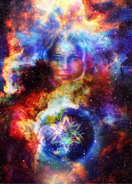 Богиня Женщина с декоративной мандалой и планетой Земля. Космический фон
 - Фото, изображение