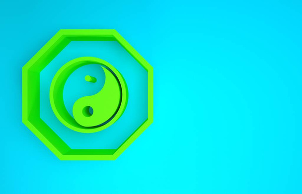 Yin Yang vert symbole de l'harmonie et l'icône de l'équilibre isolé sur fond bleu. Concept de minimalisme. Illustration 3D rendu 3D - Photo, image