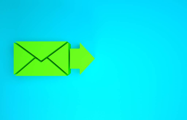 緑のエンベロープアイコンは青の背景に分離されます。メールメッセージの文字記号。最小限の概念。3Dイラスト3Dレンダリング - 写真・画像