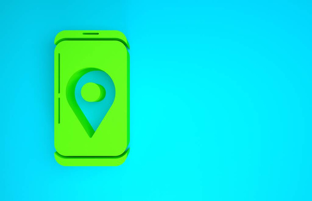 Teléfono inteligente móvil verde con icono de seguimiento de entrega de aplicaciones aislado en fondo azul. Seguimiento de paquetes. Concepto minimalista. 3D ilustración 3D render
 - Foto, imagen
