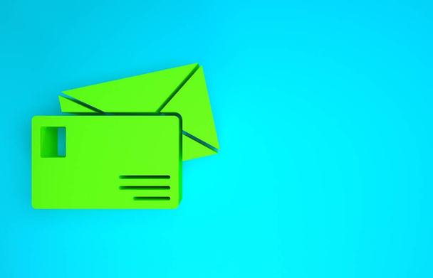 Icône de l'enveloppe verte isolée sur fond bleu. Message électronique symbole de lettre. Concept de minimalisme. Illustration 3D rendu 3D - Photo, image