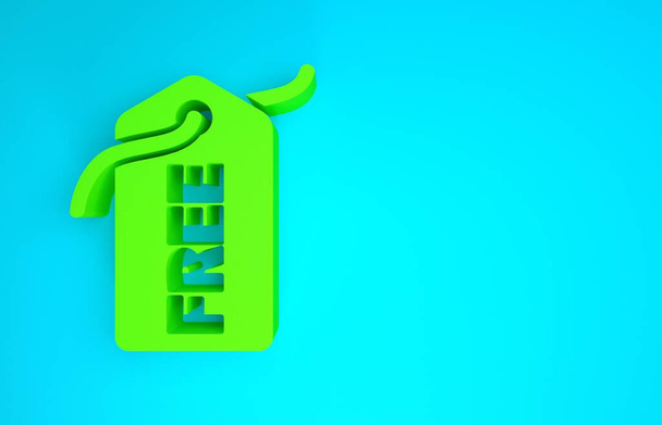 Зеленый ценник с надписью "Бесплатно" на синем фоне. Значок по цене. Акция скидка. Концепция минимализма. 3D-рендеринг
 - Фото, изображение