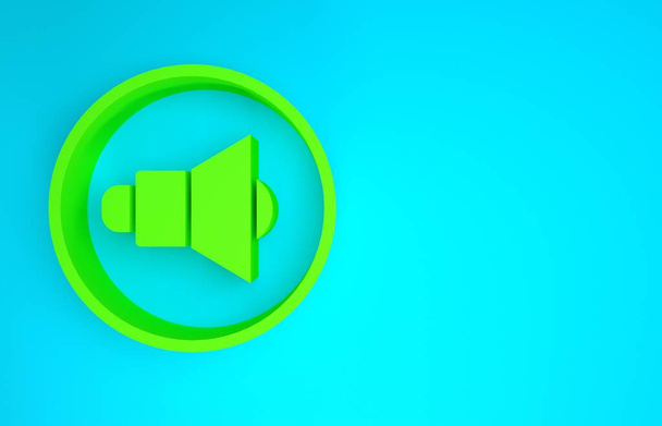 緑のスピーカーボリューム、オーディオ音声サウンドシンボル、青の背景に隔離されたメディア音楽アイコン。最小限の概念。3Dイラスト3Dレンダリング - 写真・画像