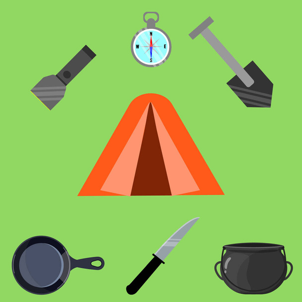 Set of objects for camping tent, lantern, shovel, compass, knife, frying pan. - Vector, afbeelding