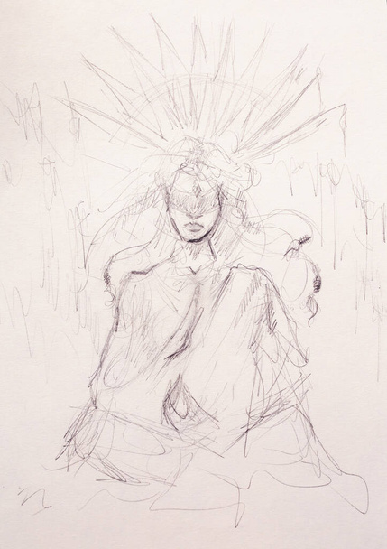 una mujer mística. dibujo a lápiz sobre papel viejo
 - Foto, Imagen