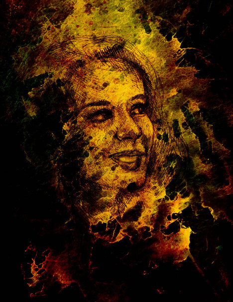 Portret pięknej kobiety. rysunek ołówka na starym papierze - Zdjęcie, obraz