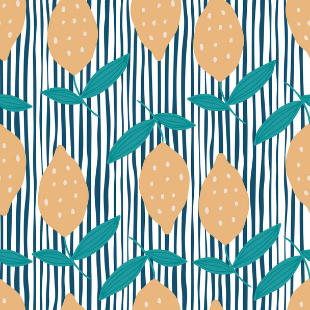 Citroen met bladeren naadloos patroon op strepen achtergrond. Handgetekende citrusvruchten. Design voor stof, textielprint, inpakpapier, kindertextiel. Modern design. Trendy vector illustratie - Vector, afbeelding