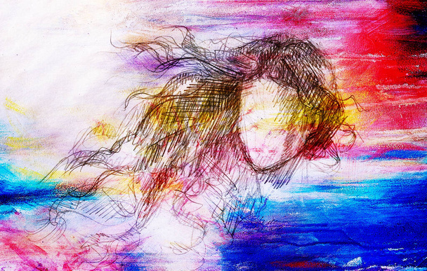эскиз женщины и трепещущие волосы. карандашный рисунок на старой бумаге. Цветной эффект
 - Фото, изображение