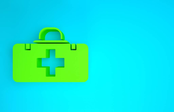 Icona kit di pronto soccorso verde isolato su sfondo blu. Scatola medica con croce. Attrezzature mediche per l'emergenza. Concetto sanitario. Concetto minimalista. Illustrazione 3d rendering 3D - Foto, immagini