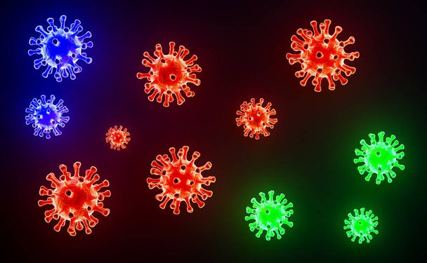 Imagem da célula do vírus da gripe COVID-19 sob o microscópio sobre o sangue.Coronavirus Covid-19 surto de gripe fundo. 3D Render fundo
. - Foto, Imagem