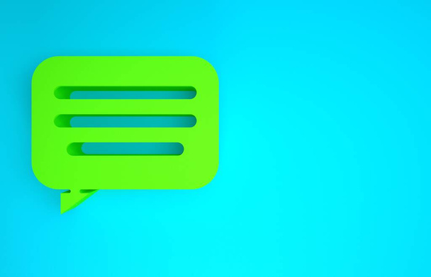 Ікона зеленого мовного бульбашки ізольована на синьому фоні. Ікона повідомлення. Символ розмови та коментарів. Концепція мінімалізму. 3D-рендеринг - Фото, зображення