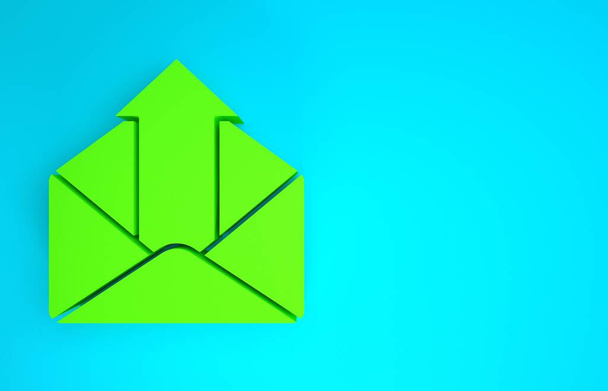Mavi arkaplanda yeşil giden posta simgesi izole edildi. Zarf sembolü. Giden mesaj işareti. Posta yön bulma düğmesi. Minimalizm kavramı. 3d illüstrasyon 3B canlandırma - Fotoğraf, Görsel