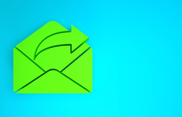 Ikona zielonej poczty wychodzącej odizolowana na niebieskim tle. Symbol koperty. Wychodzący znak wiadomości. Przycisk nawigacji poczty. Koncepcja minimalizmu. Ilustracja 3D 3D renderowania - Zdjęcie, obraz