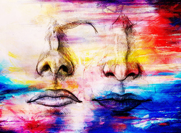 Künstlerische Skizze von Gesichtsteilen, Nase und Mund, auf bunt strukturiertem abstrakten Hintergrund - Foto, Bild