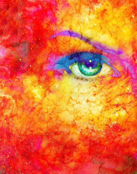 宇宙背景の女性の目。絵画やグラフィックデザイン。火効果 - 写真・画像