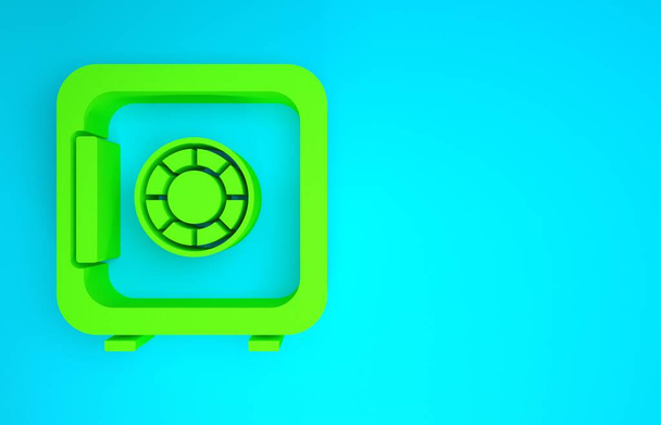 Icona Green Safe isolata su sfondo blu. La porta cassaforte una volta in banca con una serratura a combinazione. Protezione affidabile dei dati. Concetto minimalista. Illustrazione 3d rendering 3D - Foto, immagini