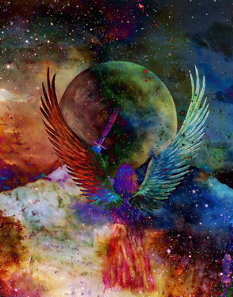 Ángel sosteniendo espada y luna en el fondo. Pintura y efecto gráfico
 - Foto, Imagen
