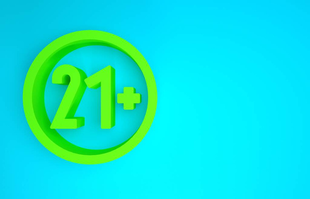 Icono verde 21 plus aislado sobre fondo azul. Icono de contenido para adultos. Concepto minimalista. 3D ilustración 3D render
 - Foto, imagen