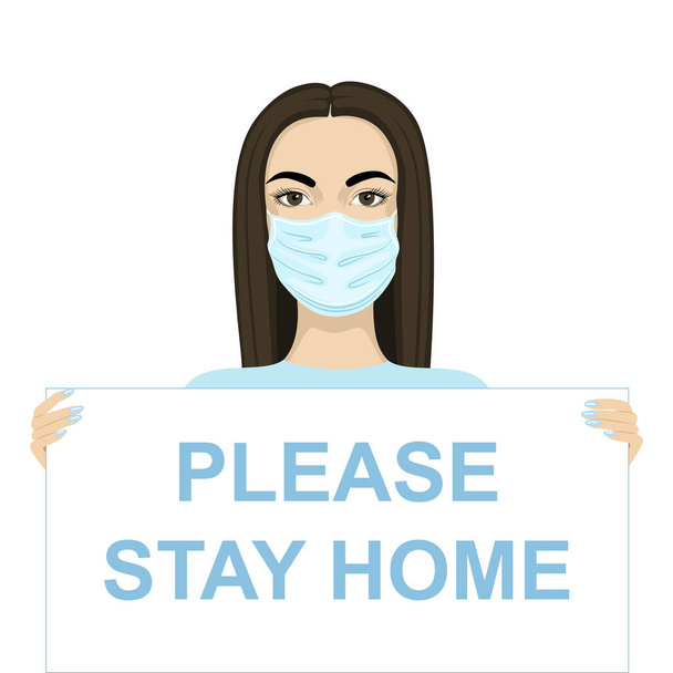 Женщина держит плакат с надписью: Пожалуйста, оставайтесь дома. Врачи флешмоб против коронавируса. Векторная иллюстрация. EPS 10
. - Вектор,изображение