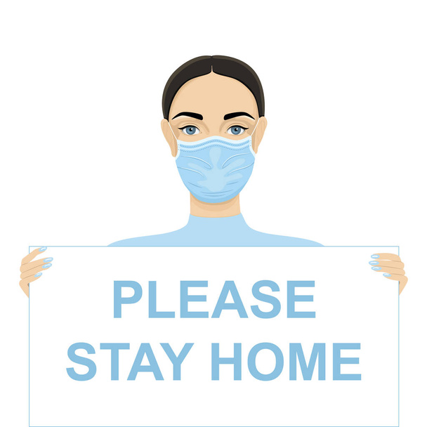 Женщина в медицинской маске держит плакат с надписью: Пожалуйста, оставайтесь дома. Врачи флешмоб против коронавируса. Векторная EPS 10
. - Вектор,изображение