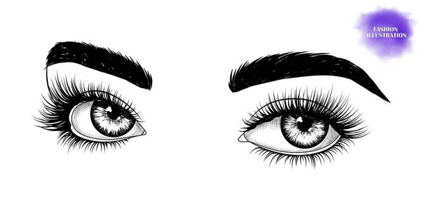Fashion illustration. Black and white hand-drawn image of eyes with eyebrows and long eyelashes. Vector EPS 10. - Vector, Image