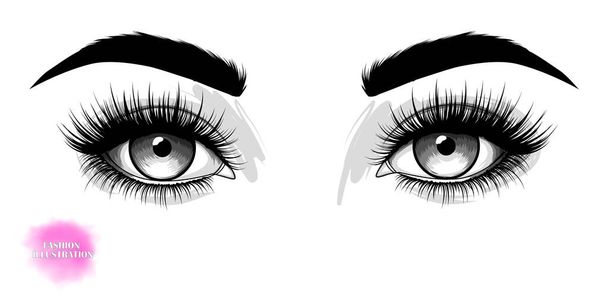 Modeillustratie. Handgetekend beeld van mooie ogen met wenkbrauwen en lange wimpers. Vector EPS 10. - Vector, afbeelding