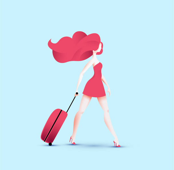 Redhead αρκετά ταξιδιώτη κορίτσι σε κόκκινο φόρεμα με τα πόδια με κόκκινο τσάντα ρολό ταξιδιού. Εικονογράφηση διανύσματος - Διάνυσμα, εικόνα