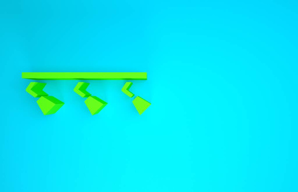 Zielone diody LED i lampy z ikoną reflektorów izolowane na niebieskim tle. Koncepcja minimalizmu. Ilustracja 3D 3D renderowania - Zdjęcie, obraz