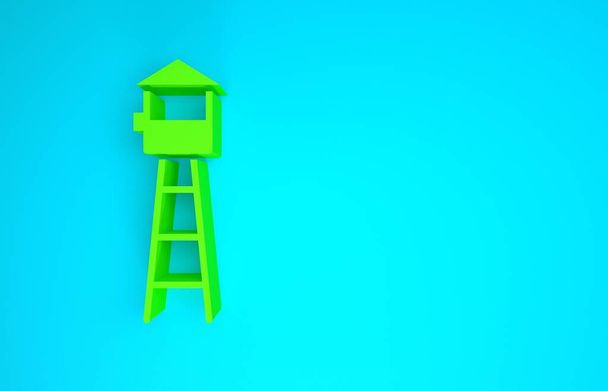 Ikona zelené strážní věže izolovaná na modrém pozadí. Vězeňská věž, kontrolní stanoviště, ochranné území, státní hranice, vojenská základna. Minimalismus. 3D ilustrace 3D vykreslení - Fotografie, Obrázek
