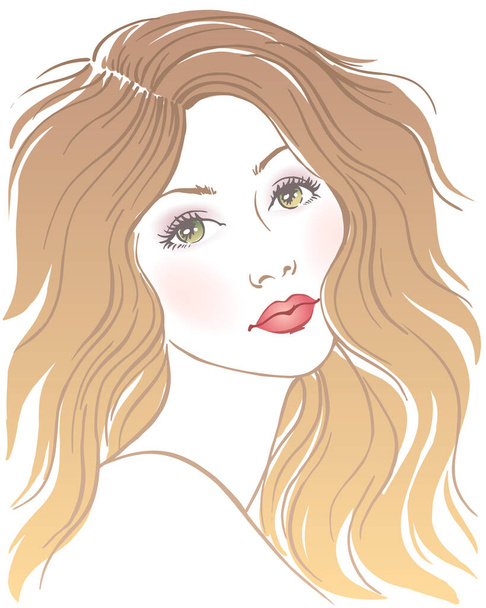 長い波状の髪を持つ美しい若い女性,手描きリネンベクトルイラスト. - ベクター画像