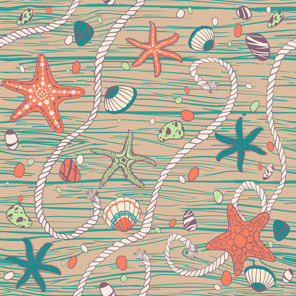 Hand drawn seastars, rope, seastones and seashells on wooden background. Vector seamless pattern. - Vetor, Imagem